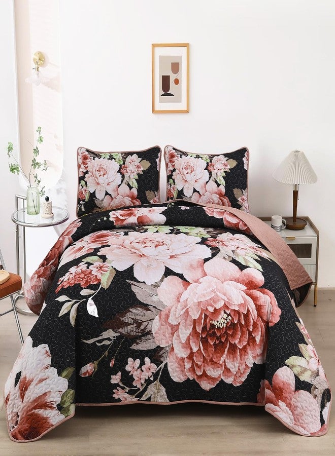 WONGS BEDDING Black Quilt Set King, Elegant Botanical Printed Bedspreads 3 Pieces Pink Floral Lightweight Bedding Set for All Seasons Reversible Coverlet Set with 2 Pillow Shams - Image 1