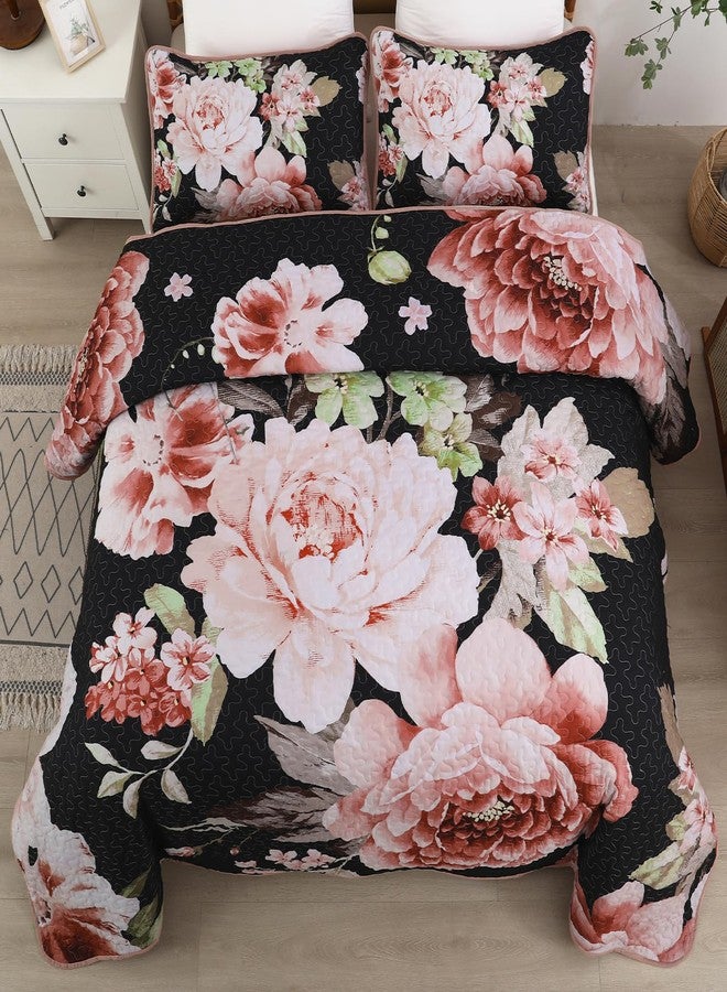 WONGS BEDDING Black Quilt Set King, Elegant Botanical Printed Bedspreads 3 Pieces Pink Floral Lightweight Bedding Set for All Seasons Reversible Coverlet Set with 2 Pillow Shams - Image 2