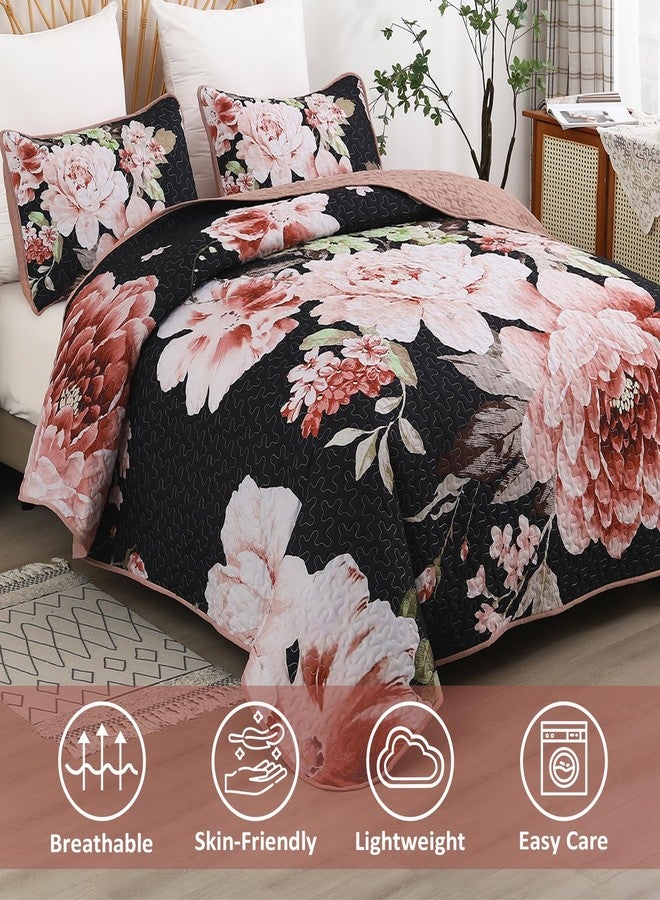 WONGS BEDDING Black Quilt Set King, Elegant Botanical Printed Bedspreads 3 Pieces Pink Floral Lightweight Bedding Set for All Seasons Reversible Coverlet Set with 2 Pillow Shams - Image 3