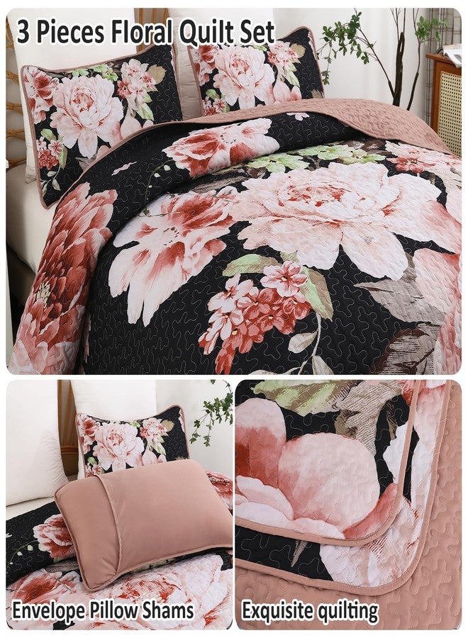 WONGS BEDDING Black Quilt Set King, Elegant Botanical Printed Bedspreads 3 Pieces Pink Floral Lightweight Bedding Set for All Seasons Reversible Coverlet Set with 2 Pillow Shams - Image 5