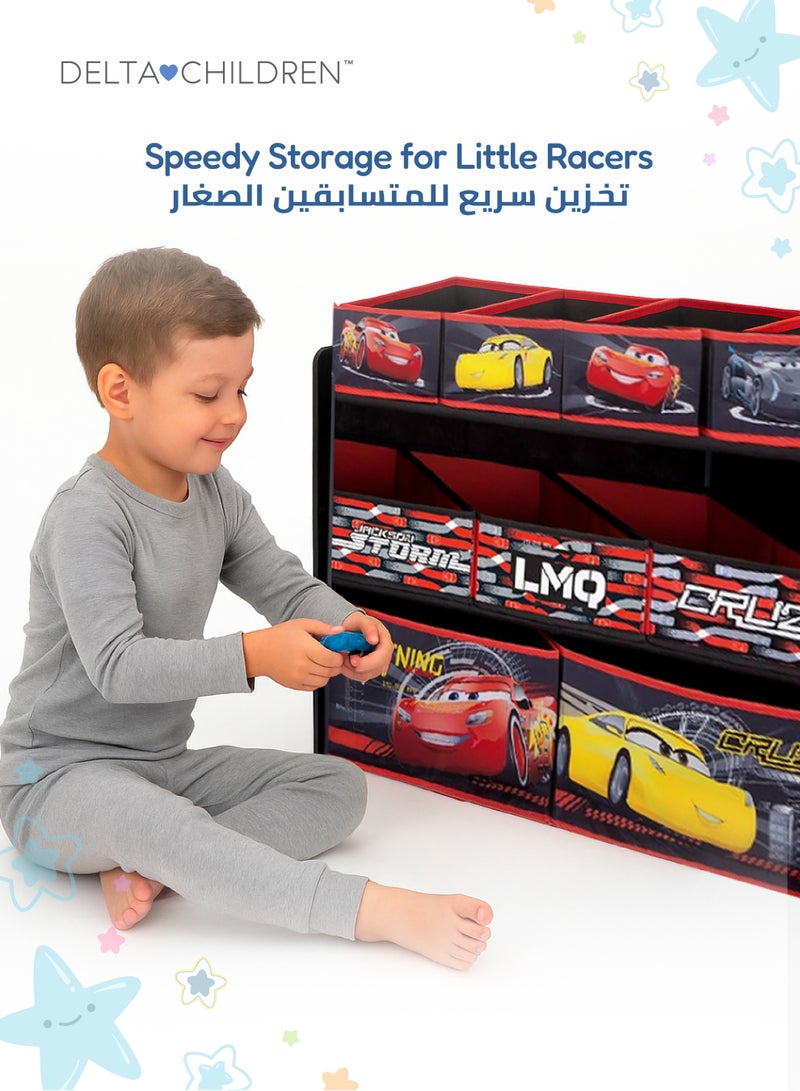 Delta CHILDREN Cars Toy Organizer for Kids | 12 Fabric Bins with Colorful Print | Durable Wood Frame | Storage Shelf for Toys, Games & Crafts | 94 x 30 x 67 CM - Image 2