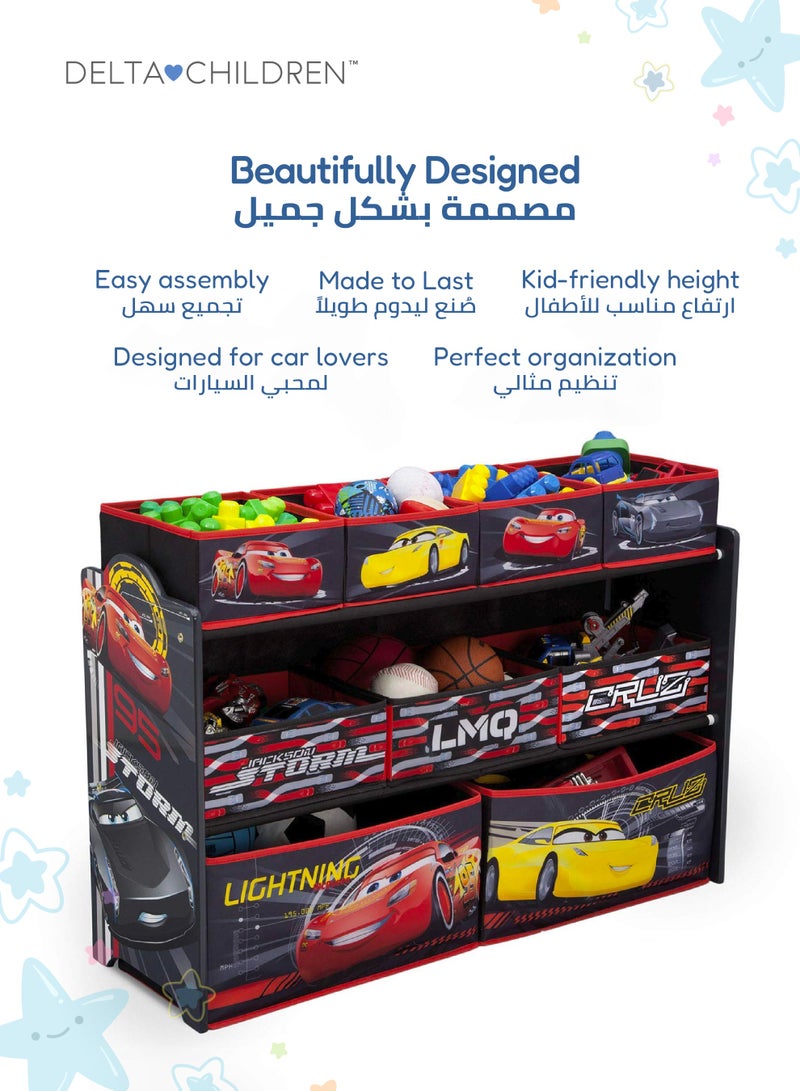 Delta CHILDREN Cars Toy Organizer for Kids | 12 Fabric Bins with Colorful Print | Durable Wood Frame | Storage Shelf for Toys, Games & Crafts | 94 x 30 x 67 CM - Image 3
