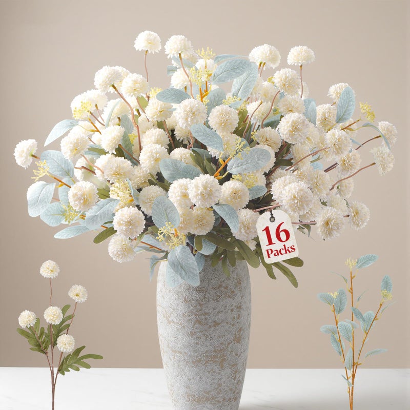 Alupssuc 16PCS Faux Silk Pompon Mums Artificial Flowers with Eucalyptus, Fake Chrysanthemum Floral for DIY Vase Arrangement, Long Stem Dining Table Centerpiece Home Decor, White - Image 1