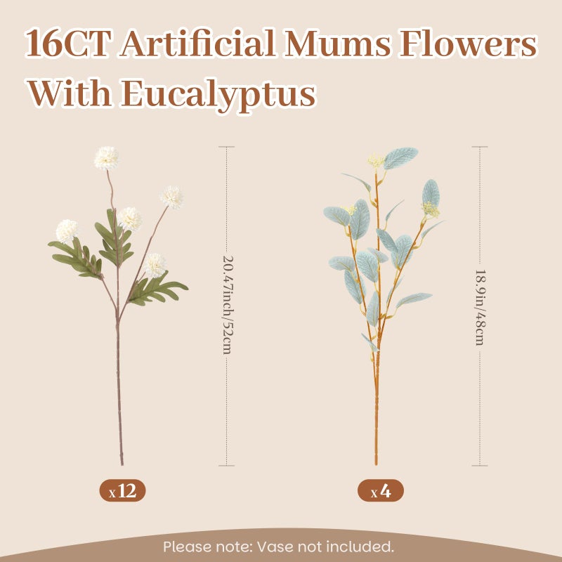 Alupssuc 16PCS Faux Silk Pompon Mums Artificial Flowers with Eucalyptus, Fake Chrysanthemum Floral for DIY Vase Arrangement, Long Stem Dining Table Centerpiece Home Decor, White - Image 2