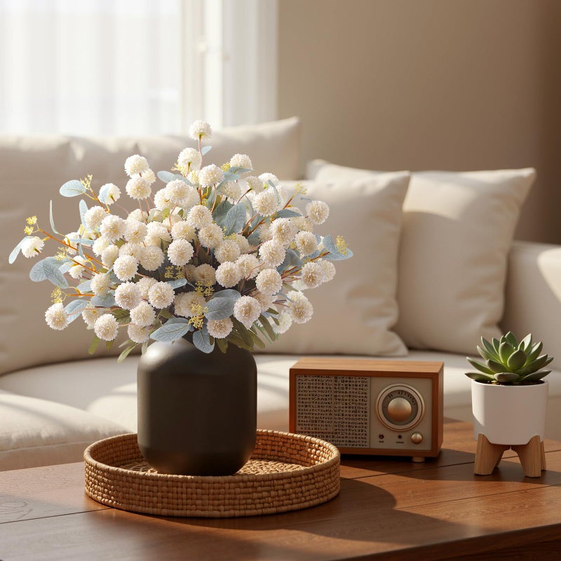 Alupssuc 16PCS Faux Silk Pompon Mums Artificial Flowers with Eucalyptus, Fake Chrysanthemum Floral for DIY Vase Arrangement, Long Stem Dining Table Centerpiece Home Decor, White - Image 3
