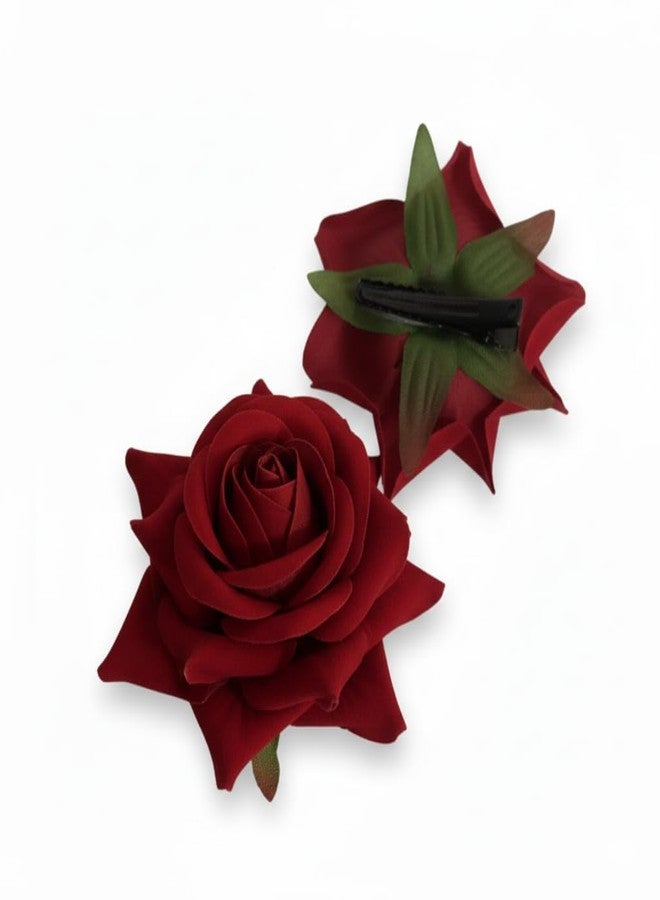 Hair clips for women and Girls Pack of 2, Artificial Rose Flower clips, Hair clips for Women stylish, Barrette for women, hair clip, Black Plain hairclip, clip for hair, Back clips, Ponytail Holders