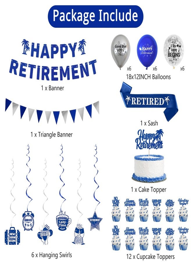 Roetyce Retirement Party Decorations for Men Women, Blue Silver Happy Retirement Banner Balloons Cake Topper Hanging Swirls Kit, Blue Retired Sash for Coworker, Office Retired Party Supplies - Image 3
