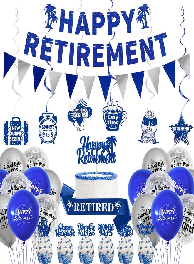 Roetyce Retirement Party Decorations for Men Women, Blue Silver Happy Retirement Banner Balloons Cake Topper Hanging Swirls Kit, Blue Retired Sash for Coworker, Office Retired Party Supplies - Image 1