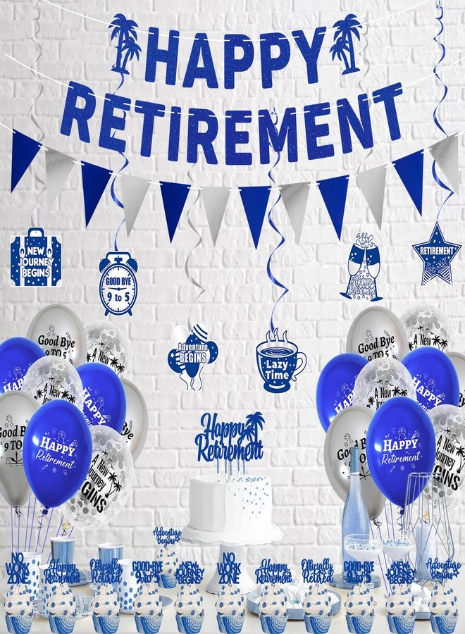 Roetyce Retirement Party Decorations for Men Women, Blue Silver Happy Retirement Banner Balloons Cake Topper Hanging Swirls Kit, Blue Retired Sash for Coworker, Office Retired Party Supplies - Image 4