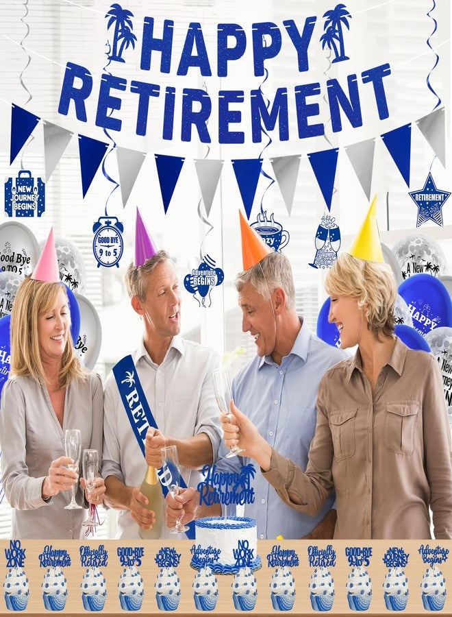 Roetyce Retirement Party Decorations for Men Women, Blue Silver Happy Retirement Banner Balloons Cake Topper Hanging Swirls Kit, Blue Retired Sash for Coworker, Office Retired Party Supplies - Image 5
