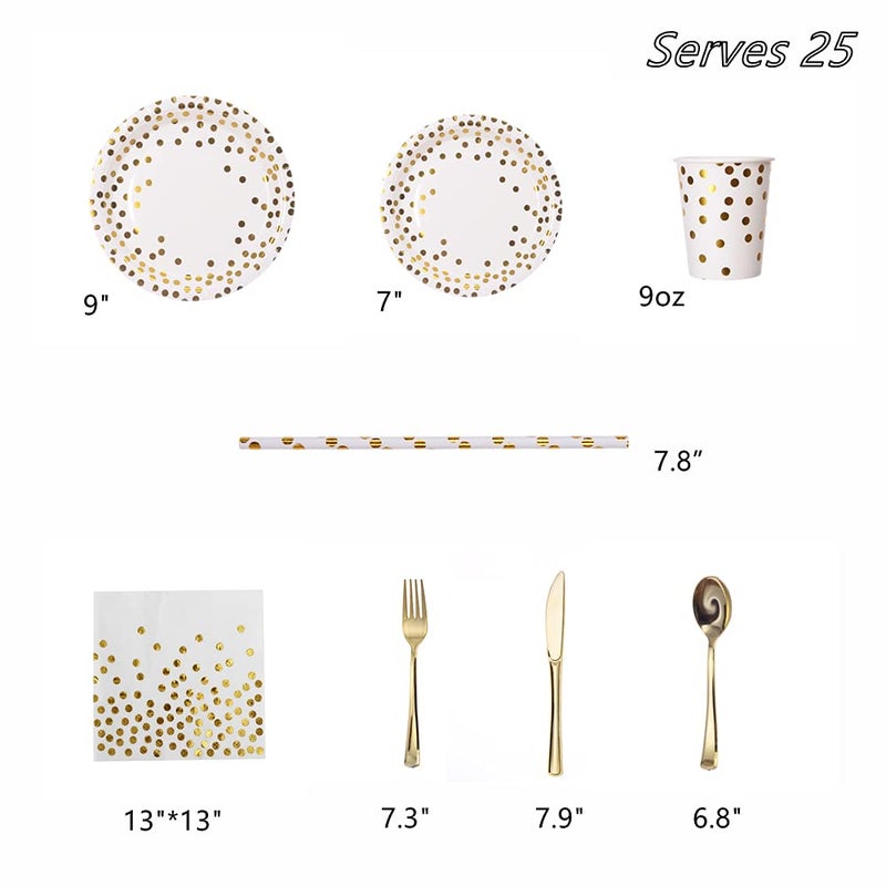 YAOSHENG 200Pcs Gold Party Supplies - Gold Paper Plates & Napkins Cups Silverware Serves 25 Sets for Wedding Bridal Shower Engagement Birthday Parties (Gold dot) - Image 2