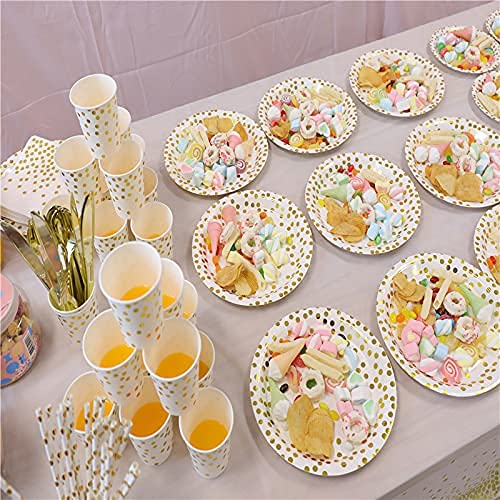 YAOSHENG 200Pcs Gold Party Supplies - Gold Paper Plates & Napkins Cups Silverware Serves 25 Sets for Wedding Bridal Shower Engagement Birthday Parties (Gold dot) - Image 5