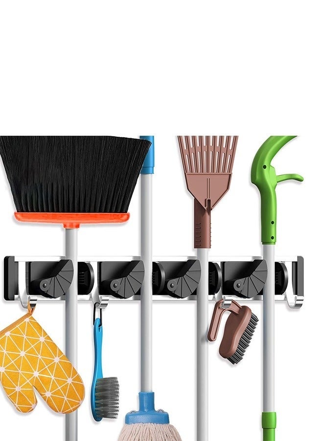 كيلا حامل ممسحة ومكنسة، مثبت على الحائط مصنوع من سبائك الألومنيوم لتنظيم أدوات المطبخ والحديقة والمطبخ للمنزل والحديقة والجراج والتنظيم والتخزين (4 أوضاع مع 5 خطافات، أسود) - Image 1