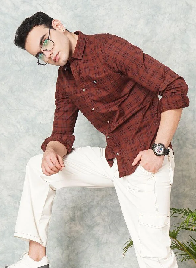 The Indian Garage Co Men Slim Fit Checkered Full Sleeves Spread Collar Casual Shirt