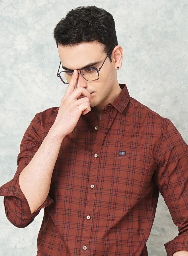The Indian Garage Co Men Slim Fit Checkered Full Sleeves Spread Collar Casual Shirt