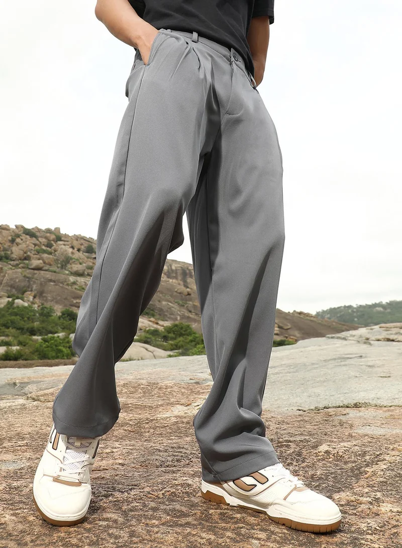 Campus Sutra Campus Sutra Men's Coin Grey Pleated Straight-Fit Tailoured Trousers | Mid-Rise , Straight Hem , Button Closure | Solid Plain | Polyester Blend Trousers For Formal & Office Wear