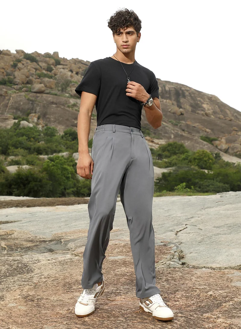 Campus Sutra Campus Sutra Men's Coin Grey Pleated Straight-Fit Tailoured Trousers | Mid-Rise , Straight Hem , Button Closure | Solid Plain | Polyester Blend Trousers For Formal & Office Wear