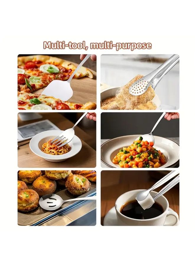 1 Set Silvery 6 Piece Stainless Steel Tableware Set Pizza Shovel Perforated Clip Fork Soup Spoon Colander Small Clip Multipurpose Kitchen Tool for Pizza Cake Pasta Salad Steak Soup Pastry Buffet Party Gathering - Image 4