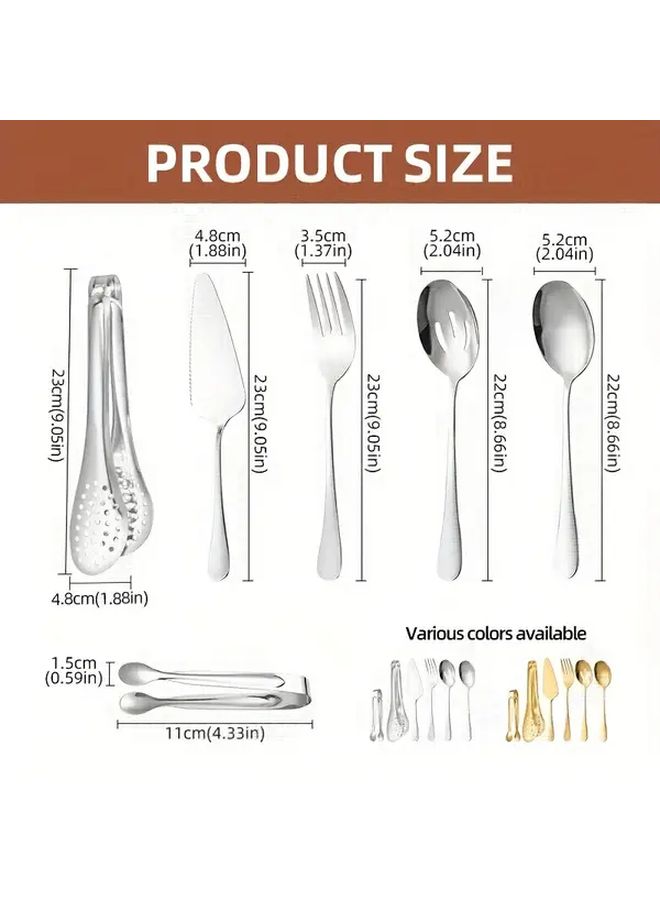 1 Set Silvery 6 Piece Stainless Steel Tableware Set Pizza Shovel Perforated Clip Fork Soup Spoon Colander Small Clip Multipurpose Kitchen Tool for Pizza Cake Pasta Salad Steak Soup Pastry Buffet Party Gathering - Image 3