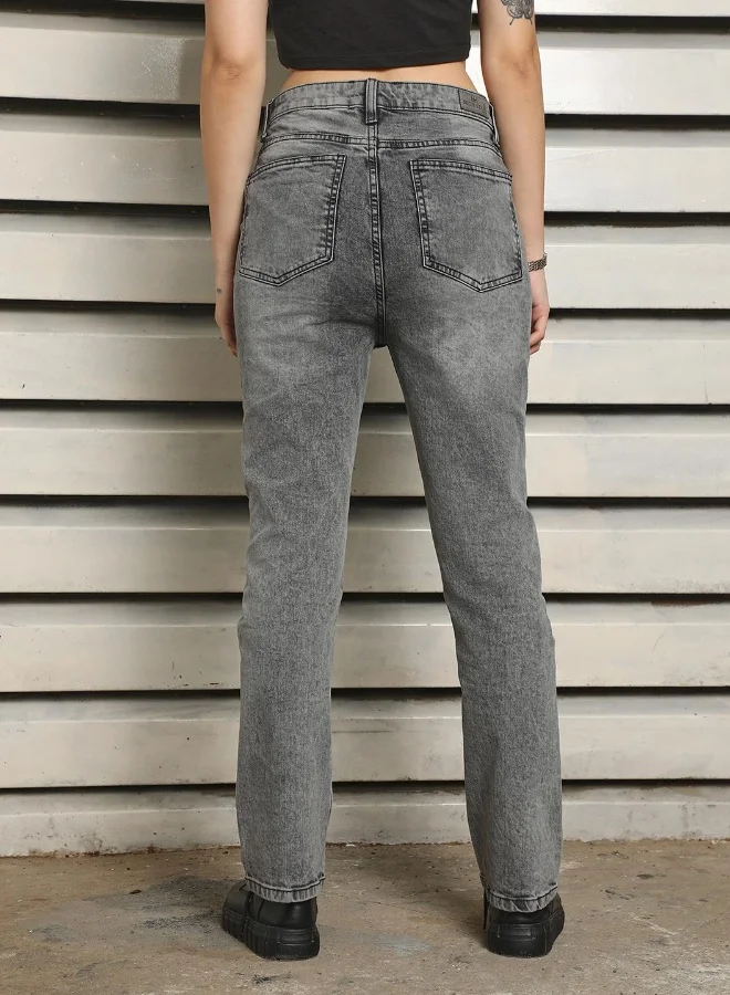 HIGH STAR Women's Grey 100% Cotton Bleached Full Length Slim Fit Jeans