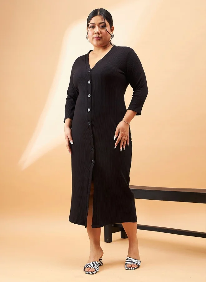 SASSAFRAS Curve Plus Size Black Ribbed A-Line Midi Dress for Women