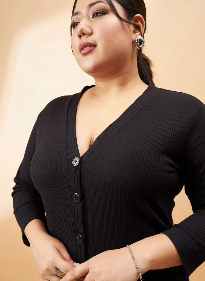 SASSAFRAS Curve Plus Size Black Ribbed A-Line Midi Dress for Women