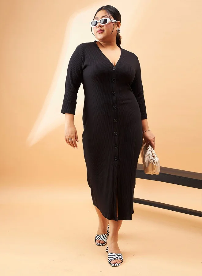 SASSAFRAS Curve Plus Size Black Ribbed A-Line Midi Dress for Women