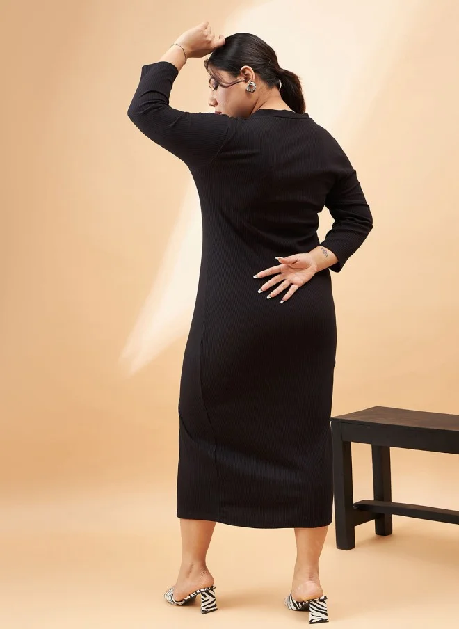 SASSAFRAS Curve Plus Size Black Ribbed A-Line Midi Dress for Women