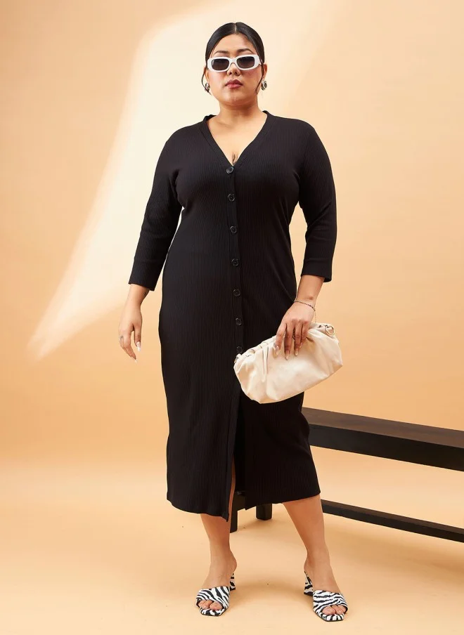 SASSAFRAS Curve Plus Size Black Ribbed A-Line Midi Dress for Women