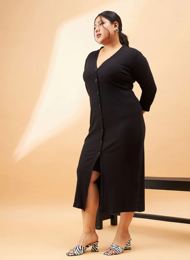 SASSAFRAS Curve Plus Size Black Ribbed A-Line Midi Dress for Women
