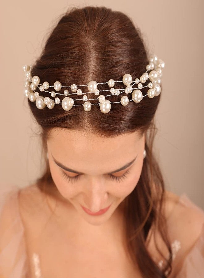 FAMEZA 1 Pcs Premium Vintage Pearl Headband for Girls Bride Wedding Silver Hair Vine Accessory Pearl Layered Head Chain Bridal Hair Piece (Silver) - Image 3