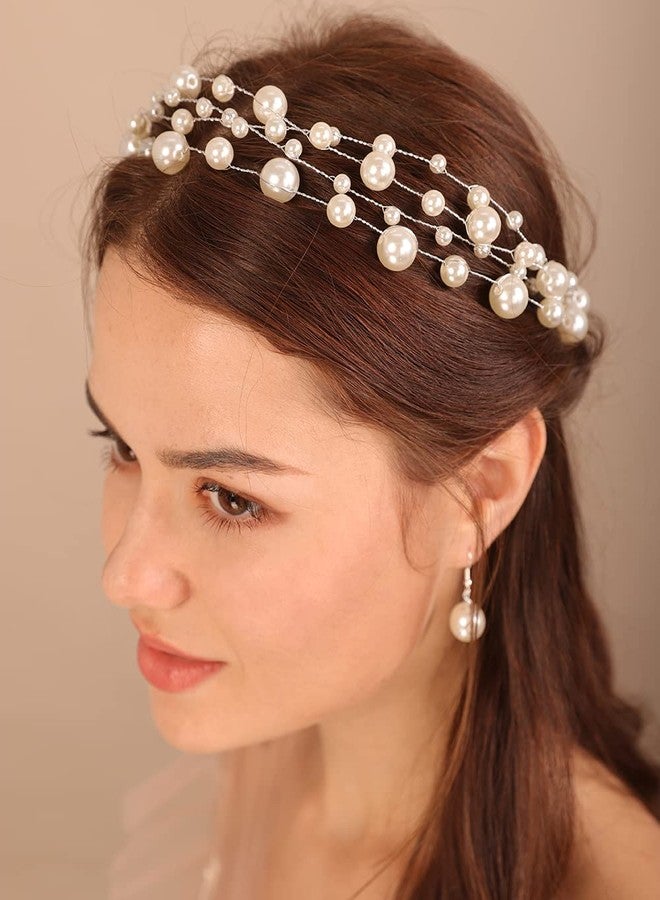FAMEZA 1 Pcs Premium Vintage Pearl Headband for Girls Bride Wedding Silver Hair Vine Accessory Pearl Layered Head Chain Bridal Hair Piece (Silver) - Image 4