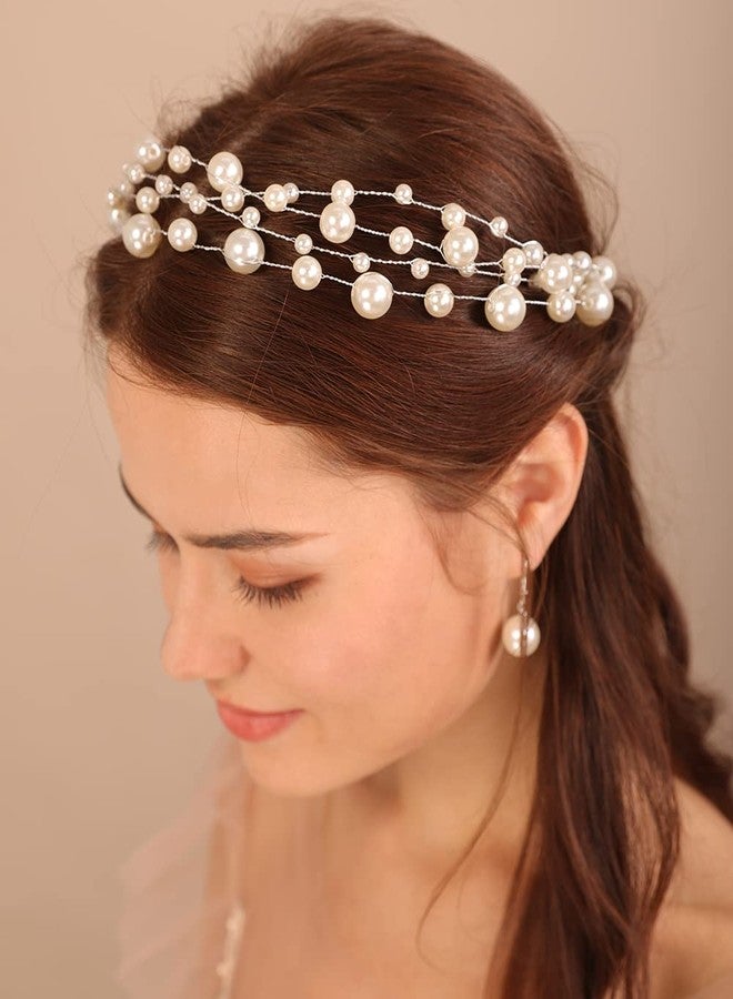 FAMEZA 1 Pcs Premium Vintage Pearl Headband for Girls Bride Wedding Silver Hair Vine Accessory Pearl Layered Head Chain Bridal Hair Piece (Silver) - Image 1