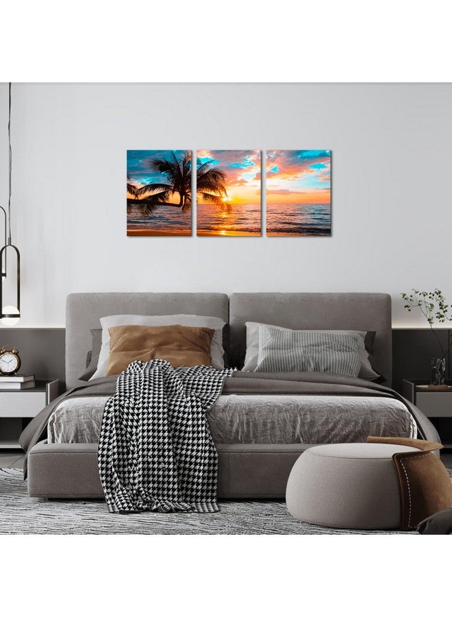 NutArtPic Tropical Beach Wall Art Canvas Sunset Palm Tree Painting Ocean Seascape Picture Prints for Living Room Bedroom Wall Decor 12''x16''x3 Panels - Image 5