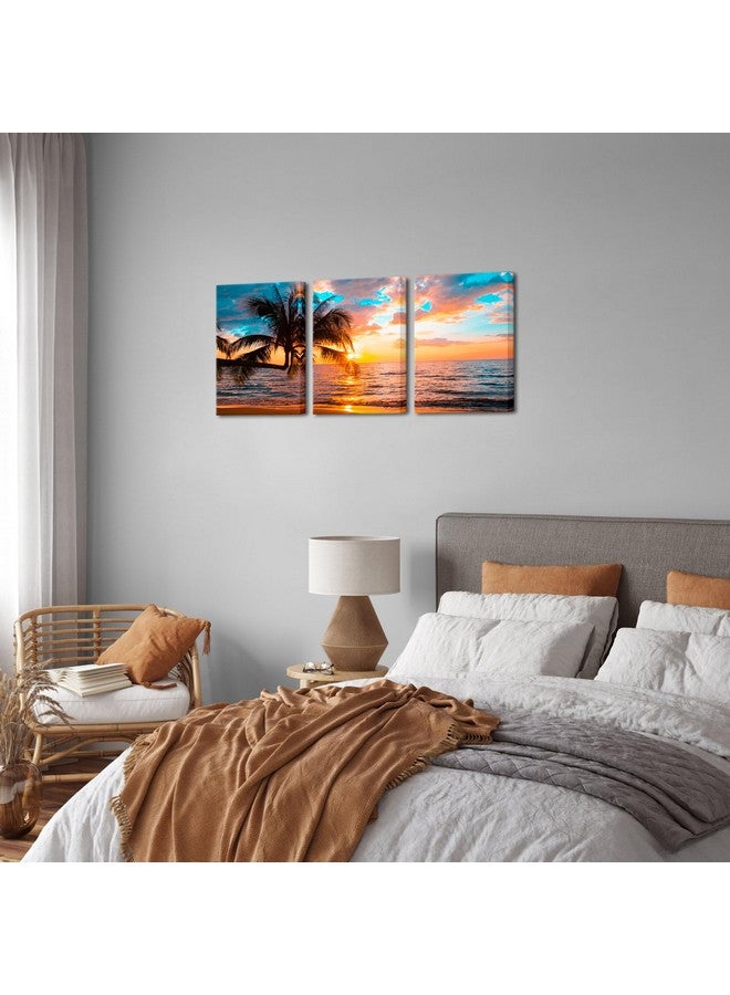 NutArtPic Tropical Beach Wall Art Canvas Sunset Palm Tree Painting Ocean Seascape Picture Prints for Living Room Bedroom Wall Decor 12''x16''x3 Panels - Image 4