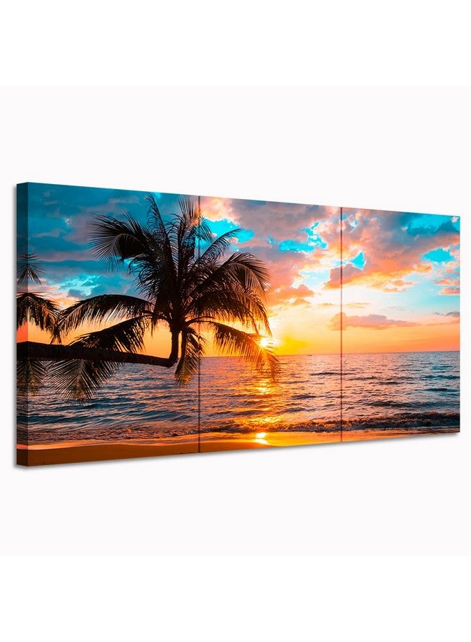 NutArtPic Tropical Beach Wall Art Canvas Sunset Palm Tree Painting Ocean Seascape Picture Prints for Living Room Bedroom Wall Decor 12''x16''x3 Panels - Image 1