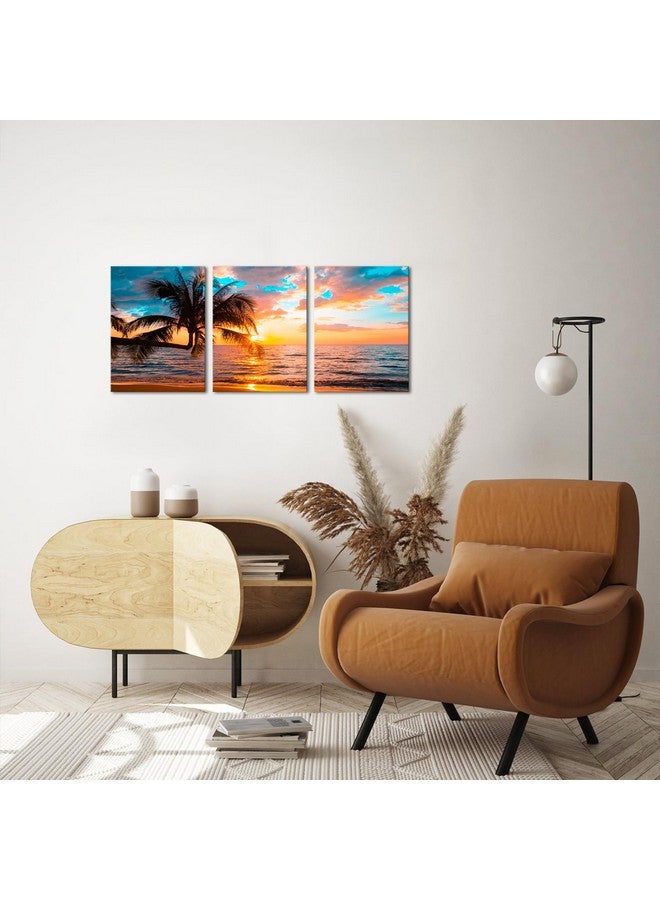 NutArtPic Tropical Beach Wall Art Canvas Sunset Palm Tree Painting Ocean Seascape Picture Prints for Living Room Bedroom Wall Decor 12''x16''x3 Panels - Image 2