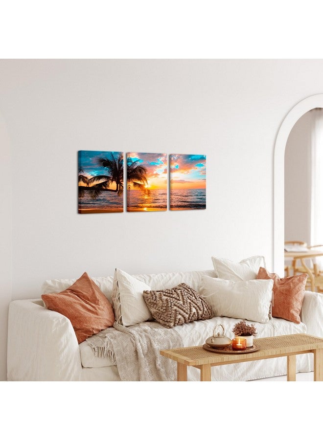 NutArtPic Tropical Beach Wall Art Canvas Sunset Palm Tree Painting Ocean Seascape Picture Prints for Living Room Bedroom Wall Decor 12''x16''x3 Panels - Image 3