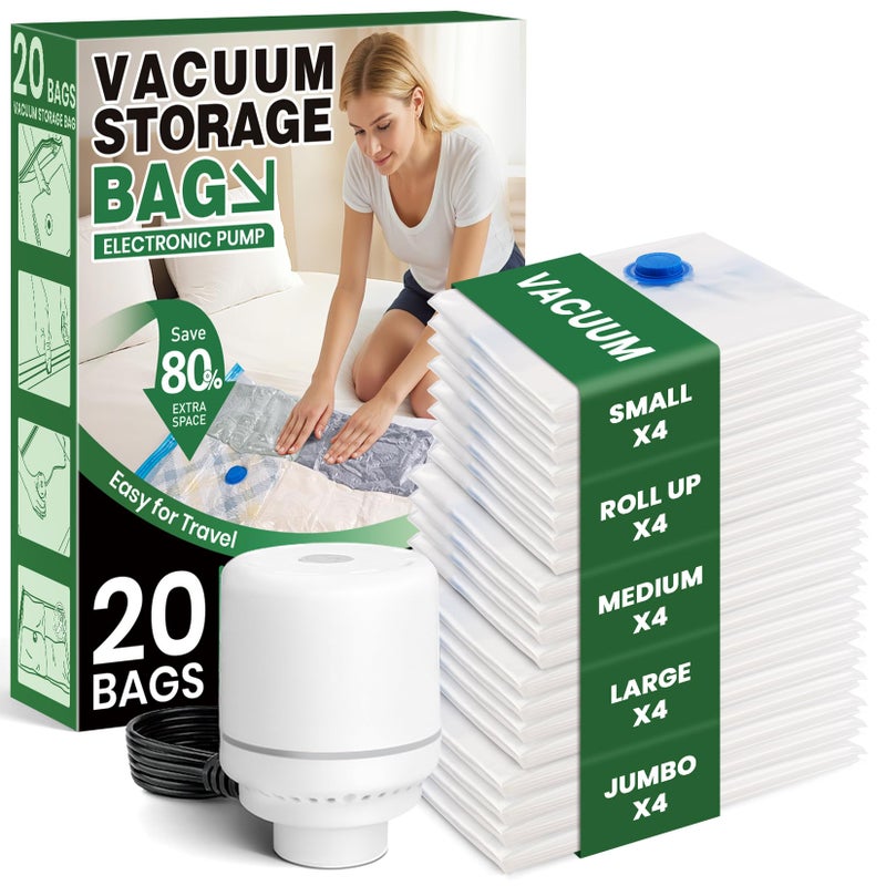 FUNFERY Vacuum Storage Bags,20Pack Vacuum Seal Bags with Electric Air Pump,Vacuumm Seal Bag for Clothing,Travel,Clothes,Comforters,Blankets,Pillows-4 Jumbo+4 Large+4 Medium+4 Small+4 Roll Up Space Saving Bag - Image 1