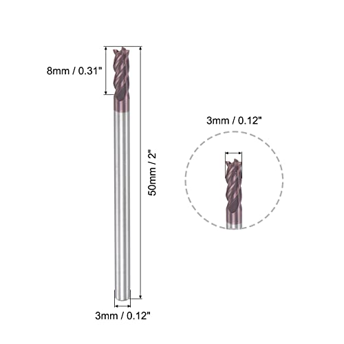 uxcell Square Nose End Mill 3mm Tip Dia Solid Carbide AlTiN Coated CNC Router Bits 4 Flute Spiral Milling Cutter HRC55 with 3mm Shank 50mm 2inch Length - Image 3