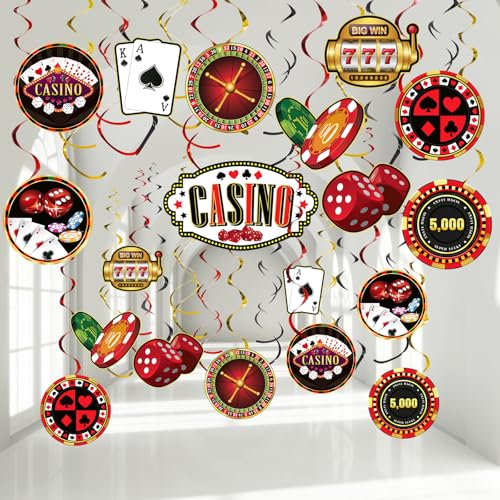 Blulu 30 Pcs Casino Theme Party Decorations Las Vegas Hanging Swirl Casino Night Spiral Ornaments Red Black Poker Games Party Supplies Ceiling Hanging Decor for Las Vegas Night Birthday Decor - Image 1
