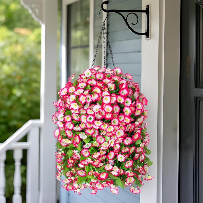 Ammyoo Artificial Faux Hanging Flowers Basket for Spring Summer Outdoor Porch Decor, Fake Silk Colorful Morning Glory Eucalyptus in Planter UV Resistant Look Real for Home Patio Balcony Yard(Pink) - Image 2