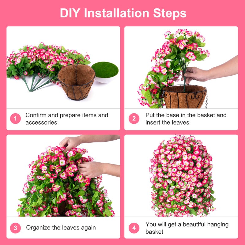 Ammyoo Artificial Faux Hanging Flowers Basket for Spring Summer Outdoor Porch Decor, Fake Silk Colorful Morning Glory Eucalyptus in Planter UV Resistant Look Real for Home Patio Balcony Yard(Pink) - Image 4