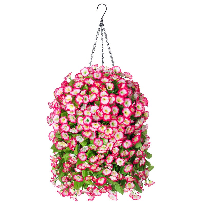 Ammyoo Artificial Faux Hanging Flowers Basket for Spring Summer Outdoor Porch Decor, Fake Silk Colorful Morning Glory Eucalyptus in Planter UV Resistant Look Real for Home Patio Balcony Yard(Pink) - Image 1