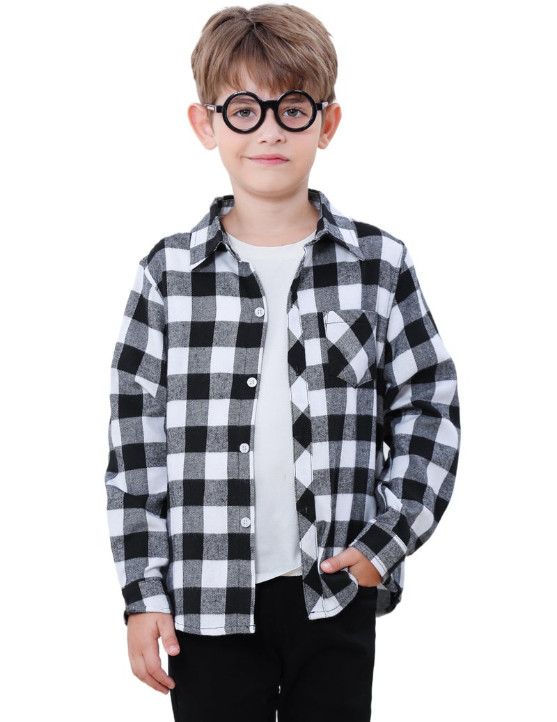 SANGTREE Boys Flannel Shirt Long Sleeve Button Down Plaid Shirt Black White, 9-10 Years = Tag 160 - Image 2