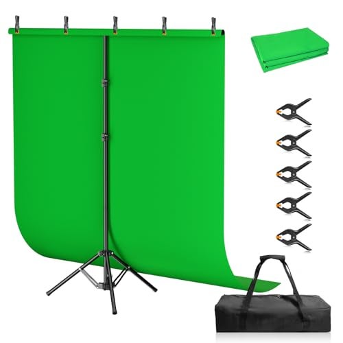 Qoolfoto Green Screen Backdrop Kit, 5×7ft Portable Greenscreen Background with Adjustable T-Shaped Stand, 5 Clamps, Carrying Bag for Parties, Streaming, Photography, Zoom, Gaming, Video Studio - Image 1