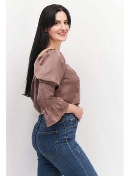 In the style Women Square Neck Puff Sleeves Plain Crop Top, Taupe  - Image 2