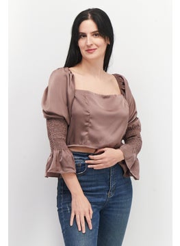 In the style Women Square Neck Puff Sleeves Plain Crop Top, Taupe  - Image 1