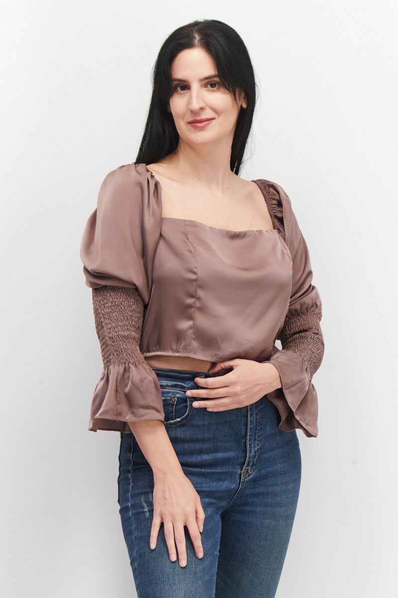 In the style Women Square Neck Puff Sleeves Plain Crop Top, Taupe - Image 1