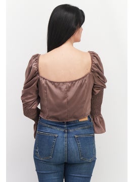 In the style Women Square Neck Puff Sleeves Plain Crop Top, Taupe  - Image 3